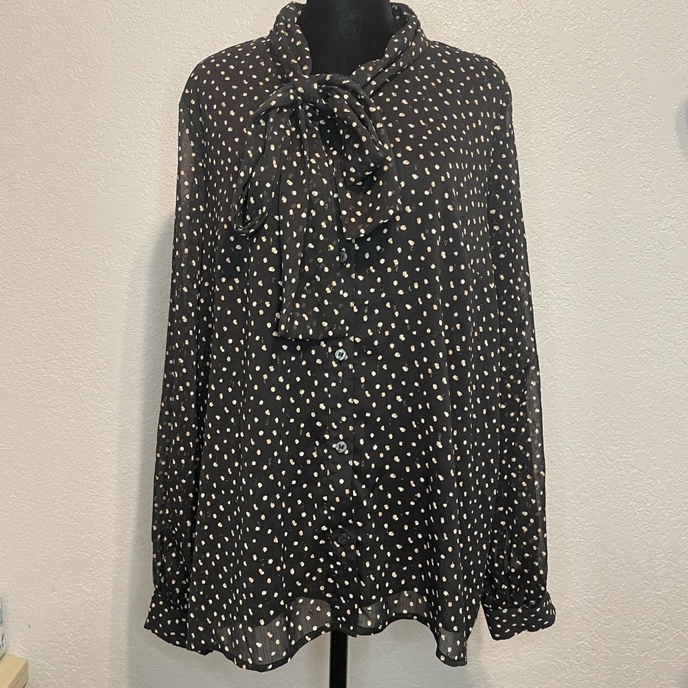 Halogen Long Sleeve Polka Dot  Button Down Neck Tie Sheer Blouse Women's Sz Xl